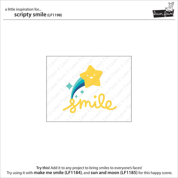 Decorative die cut with a smiling star and 'smile' text on a white background, featuring the brand 'Lawn Fawn'.