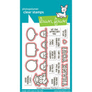Lawn Fawn photopolymer clear stamps set with cartoon dog and text on a blue background