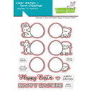 Clear stamps with Easter-themed designs and text on a white background