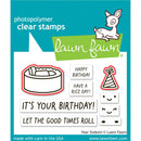 Lawn Fawn photopolymer clear stamps set with birthday-themed illustrations and text on a blue background.
