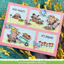Card with cartoon bear and bird illustrations on a pink border, featuring text 'Holy Moley' and 'It's Spring!'.