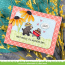 Mother's Day card with cartoon dog and cat, flowers, and text on a checkered background.