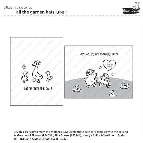 Promotional image for 'all the garden hats' with cartoon illustrations of a duck and a dog on Mother's Day.