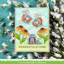 Graduation-themed card with cartoon characters and flowers on a floral background