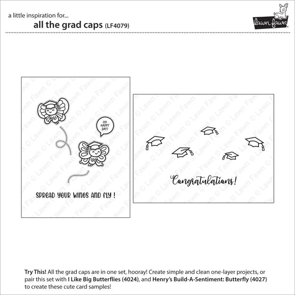 Design sheet with black line art of graduation caps and butterflies on a white background.