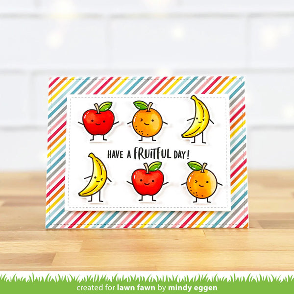 Card with cartoon fruits and 'Have a Fruity Day!' text on a striped background