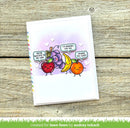 Card with cartoon fruits and speech bubbles on a wooden surface, created by Audrey Tokach for Lawn Fawn.
