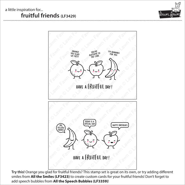 Cartoon illustration of fruits with speech bubbles on a white background, featuring the brand 'Lawn Fawn'.