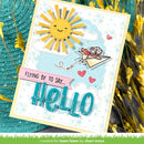 Handmade card with a sun, bird, and 'hello' text on a textured background