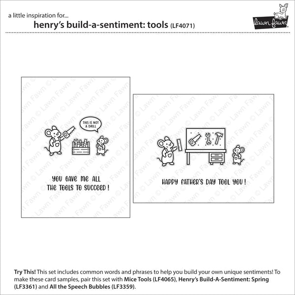 Illustrations of a mouse and tools with text on a white background, featuring 'henry's build-a-sentiment: tools' by Lawn Fawn.