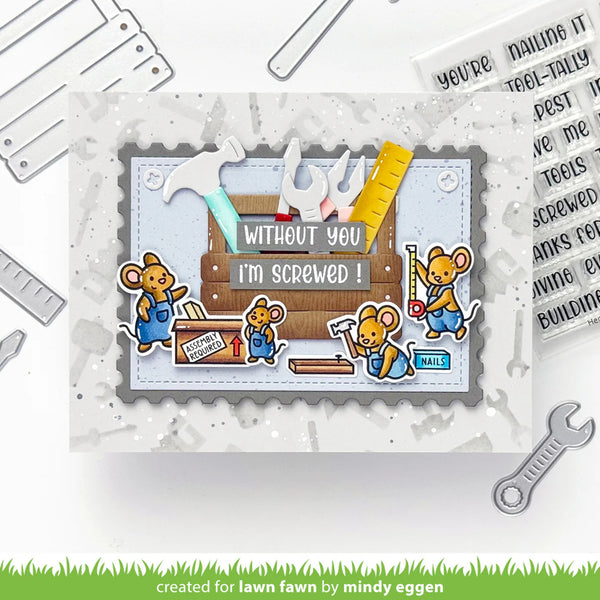 Card with cartoon mice and tools on a white background with construction-themed elements.