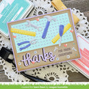 Card with tools and 'thanks' text on a doily with 'Lawn Fawn' products.