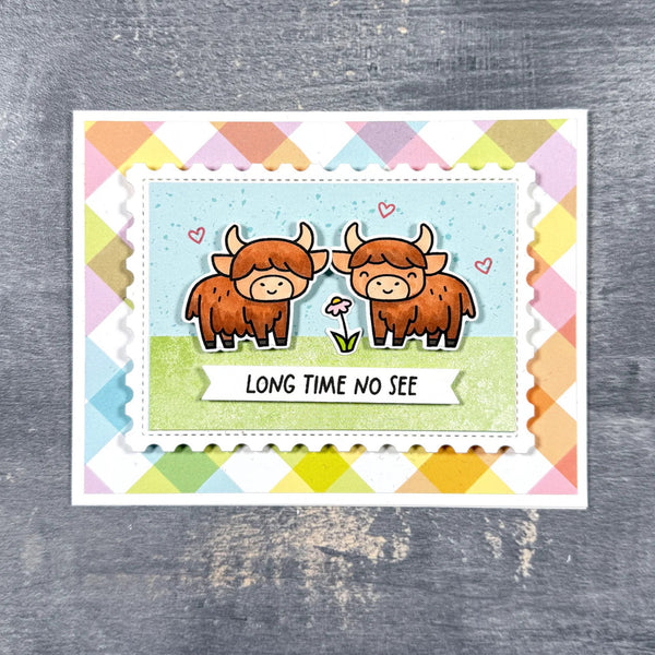 Card with two cartoon bulls and 'Long Time No See' text on a colorful geometric patterned background.