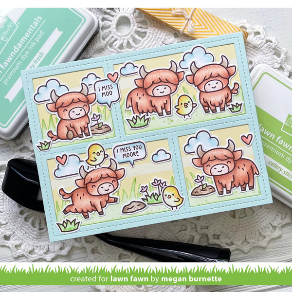 Card with cartoon cows and a chick on a decorative surface, created for lawn fawn by Megan Burnette.