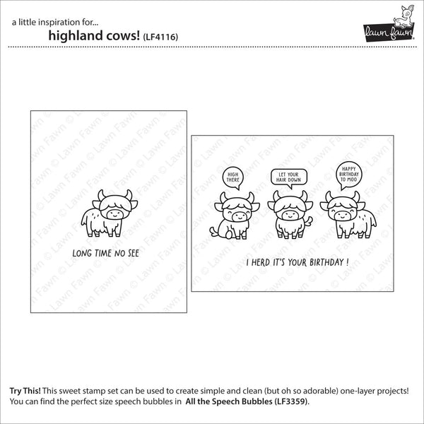 Cartoon illustration of a cow with speech bubbles on a white background, featuring the brand 'Lawn Fawn'.