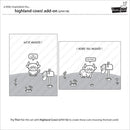 Cartoon of two cows near mailboxes with text bubbles, labeled 'highland cows! add-on' by Lawn Fawn.