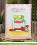 Greeting card with a jar of jam design and text 'Hope your day is jam packed with fun!' on a pink checkered background.