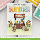Card with cartoon mice around a lemonade stand and 'Wishing you the zest summer' text.