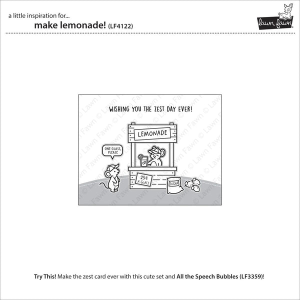 Cartoon illustration of a mouse at a lemonade stand with text 'Wishing you the zest day ever!' on a white background.