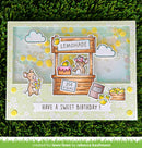 Lemonade stand card with two mice and a birthday message on a grass background