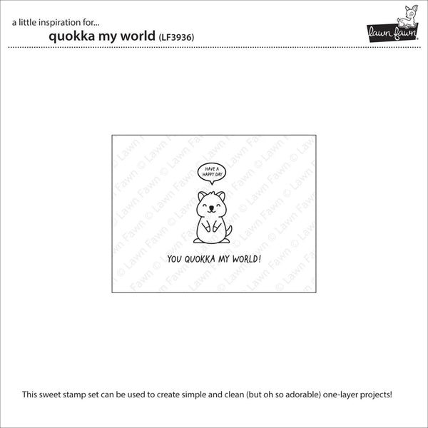 Quokka-themed stamp set packaging with a cartoon quokka and text on a white background.
