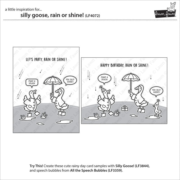 Cartoon illustration of two geese with umbrellas and speech bubbles, with text 'Let's party, rain or shine!'.