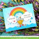 Colorful card with rainbow, duck, and clouds on a floral background