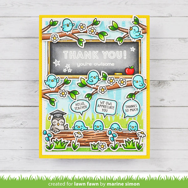Card with cartoon birds on a branch and a chalkboard saying 'Thank you! You're awesome.' on a wooden background.