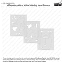 Two coloring stencils with cut-out shapes on a white background, featuring text about using them with 'Silly Goose, Rain or Shine' stamps.
