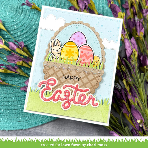 Easter card with a basket of eggs, bunny, and 'Happy Easter' text on a decorative background.