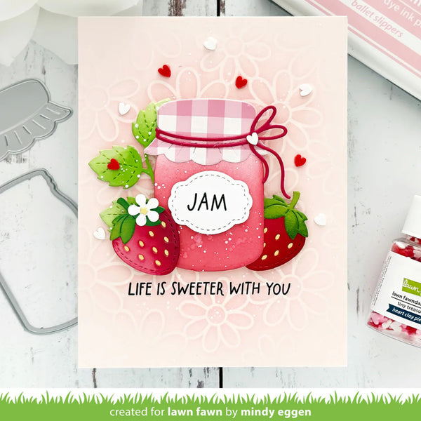 Card with a jar of pink jam and strawberries on a light background, featuring the text 'Life is sweeter with you'.