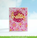 Card with pink floral design and 'hello' text on a blue sky background