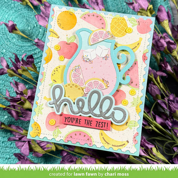 Colorful card with fruit illustrations and 'hello you're the zest!' text on a floral background