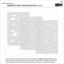 Highland cow coloring stencils on a white background with product name and brand visible.