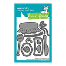 Lawn Cuts custom craft dies packaging with die-cut pieces on a blue background