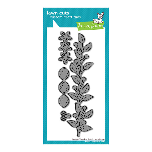 Floral die cut on a blue and white background with 'lawn fawn' branding.