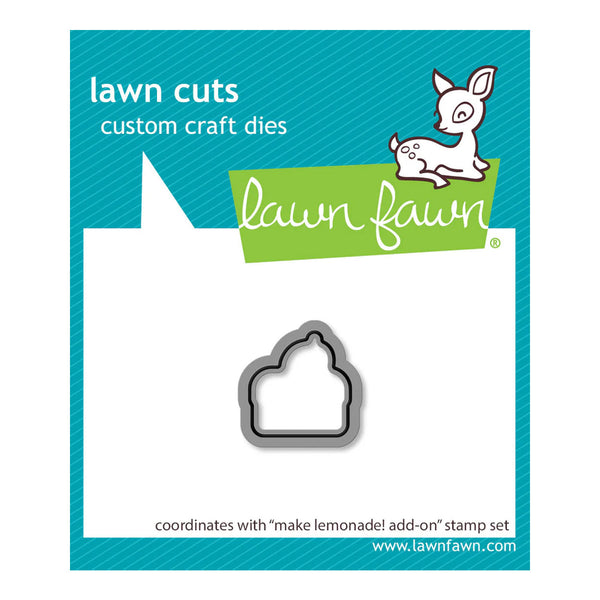 Lawn Cuts custom craft die with branding on a blue and white background