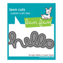 Lawn Cuts custom craft die set with 'hello' design on a blue and white background, featuring the Lawn Fawn logo.