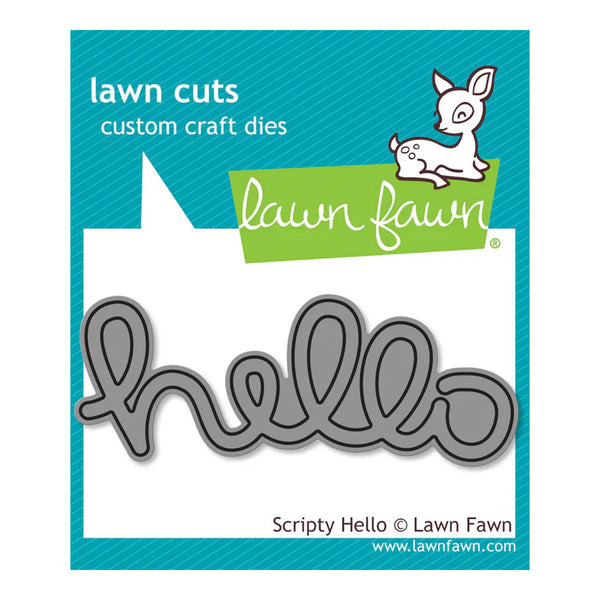 Lawn Cuts custom craft die set with 'hello' design on a blue and white background, featuring the Lawn Fawn logo.
