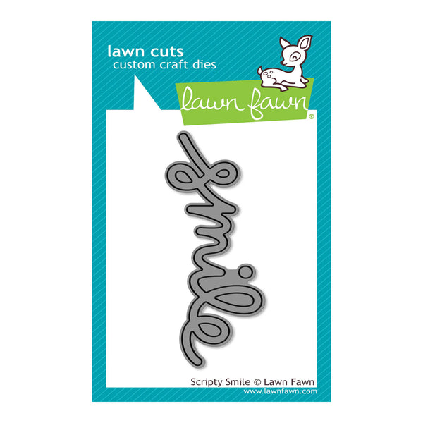 Lawn Cuts custom craft dies by Lawn Fawn with 'Scripty Smile' design on a blue and white background.