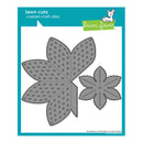 Flower-shaped craft die set by Lawn Fawn on a white background with blue border.