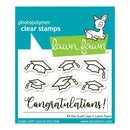 Lawn Fawn photopolymer clear stamps set with graduation caps and 'Congratulations!' text on a blue background.