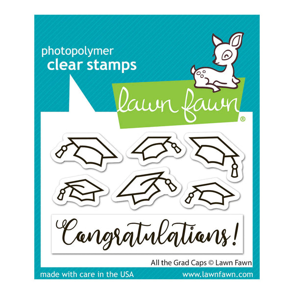 Lawn Fawn photopolymer clear stamps set with graduation caps and 'Congratulations!' text on a blue background.