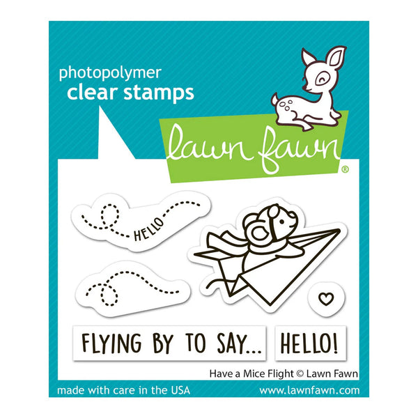 Lawn Fawn photopolymer clear stamps with a deer, airplane, and 'hello' text on a blue background.