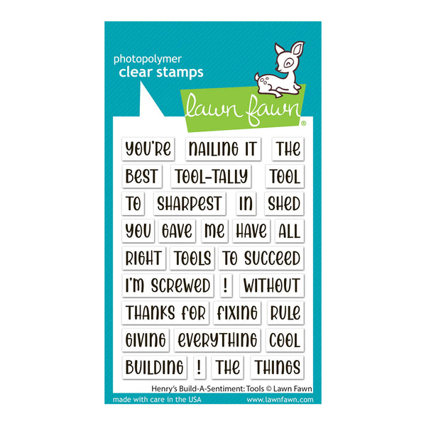 Lawn Fawn photopolymer clear stamps with various phrases on a white background