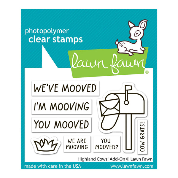 Lawn Fawn photopolymer clear stamps set with a deer, mailbox, and text on a blue background.