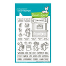 Lawn Fawn lemonade stand stamp set with cartoon mice and text on a blue background