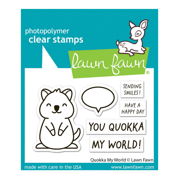 Lawn Fawn photopolymer clear stamps with a quokka design on a blue background