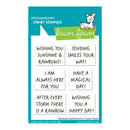 Lawn Fawn photopolymer clear stamps with motivational phrases on a blue background