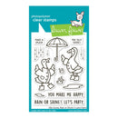 Lawn Fawn photopolymer clear stamps with duck and goose illustrations on a blue and white background.